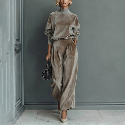 Women's Velvet Mock Neck Wide Leg Pants Two Piece Set