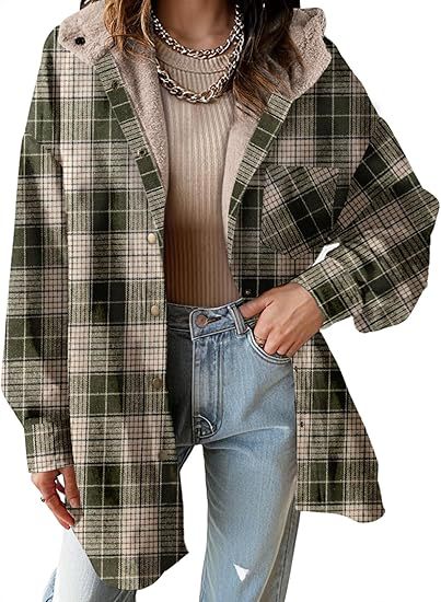 Women's Plaid Flannel Hooded Shacket Jacket