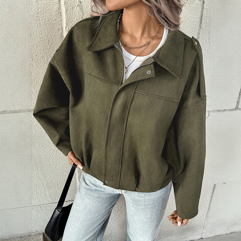 Women's Faux Suede Zip Jacket Oversized Vintage Batwing