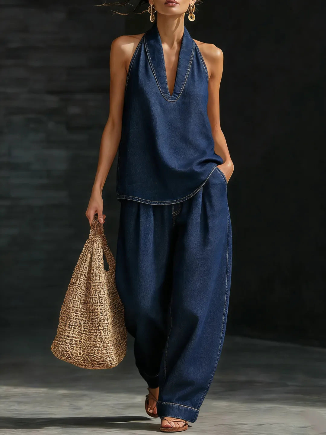 Women's Denim Halter Wide Leg Jeans Matching Set