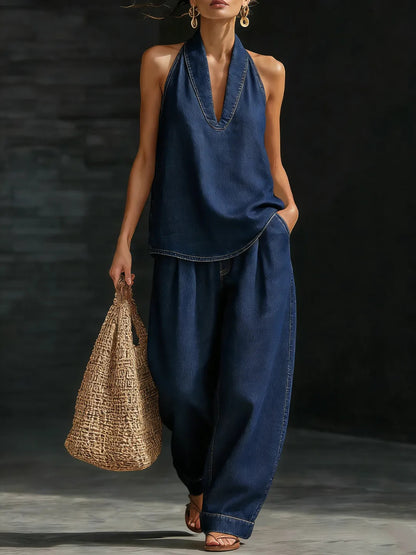 Women's Denim Halter Wide Leg Jeans Matching Set