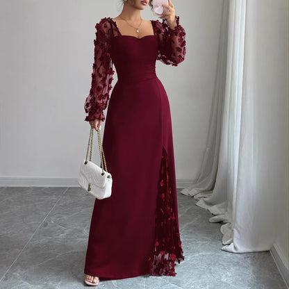 Square Neck Puff Sleeve Floral Mesh A-Line Maxi Dress