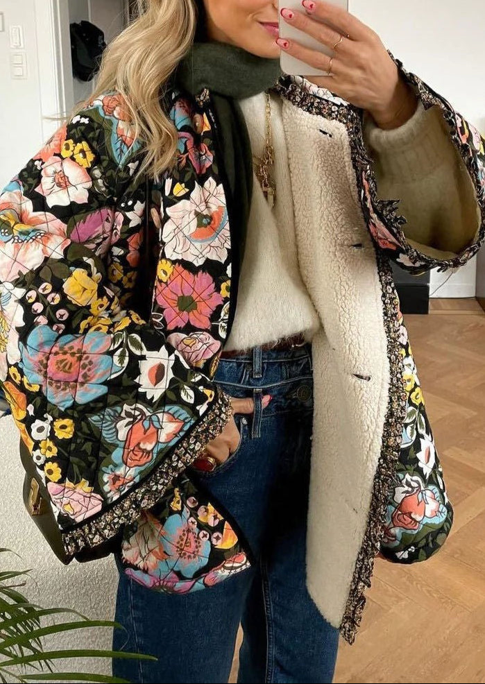 Women's Floral Quilted Jacket Bell Sleeve Sherpa Lined