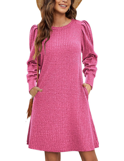 Ribbed Puff Sleeve A-Line Midi Sweater Dress