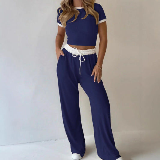 Ribbed Contrast Trim Crop Top Wide Leg Pants Set
