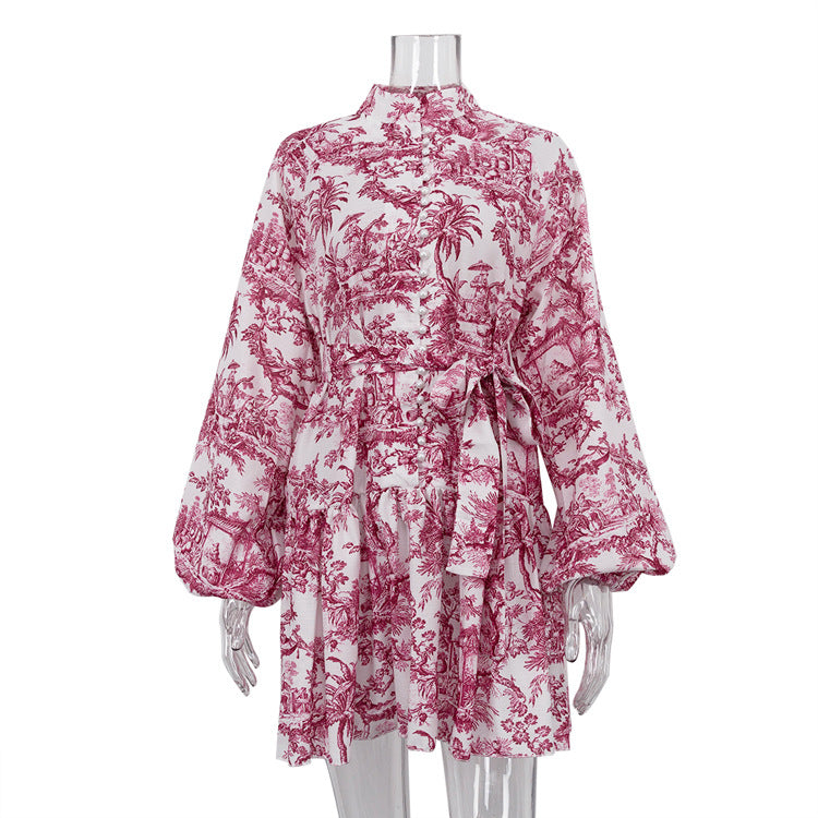 Women's Toile Puff Sleeve Tie Waist Mini Dress