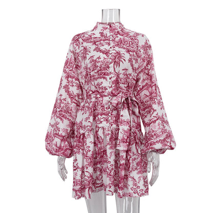 Women's Toile Puff Sleeve Tie Waist Mini Dress