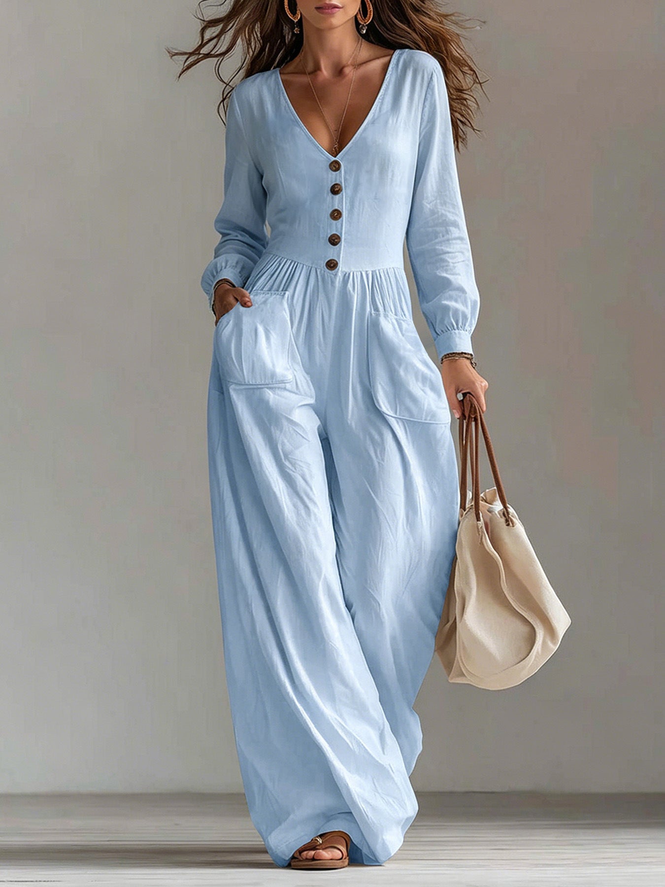 Women's V-Neck Wide Leg Jumpsuit Long Sleeve Pockets
