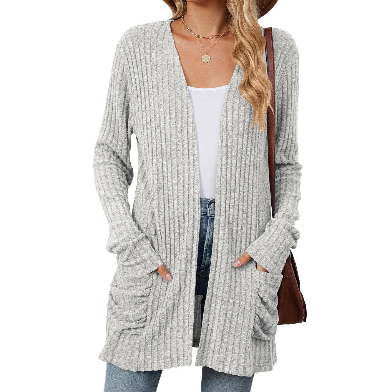 Simple Pocketed Long Sleeve Cardigan Knit Top