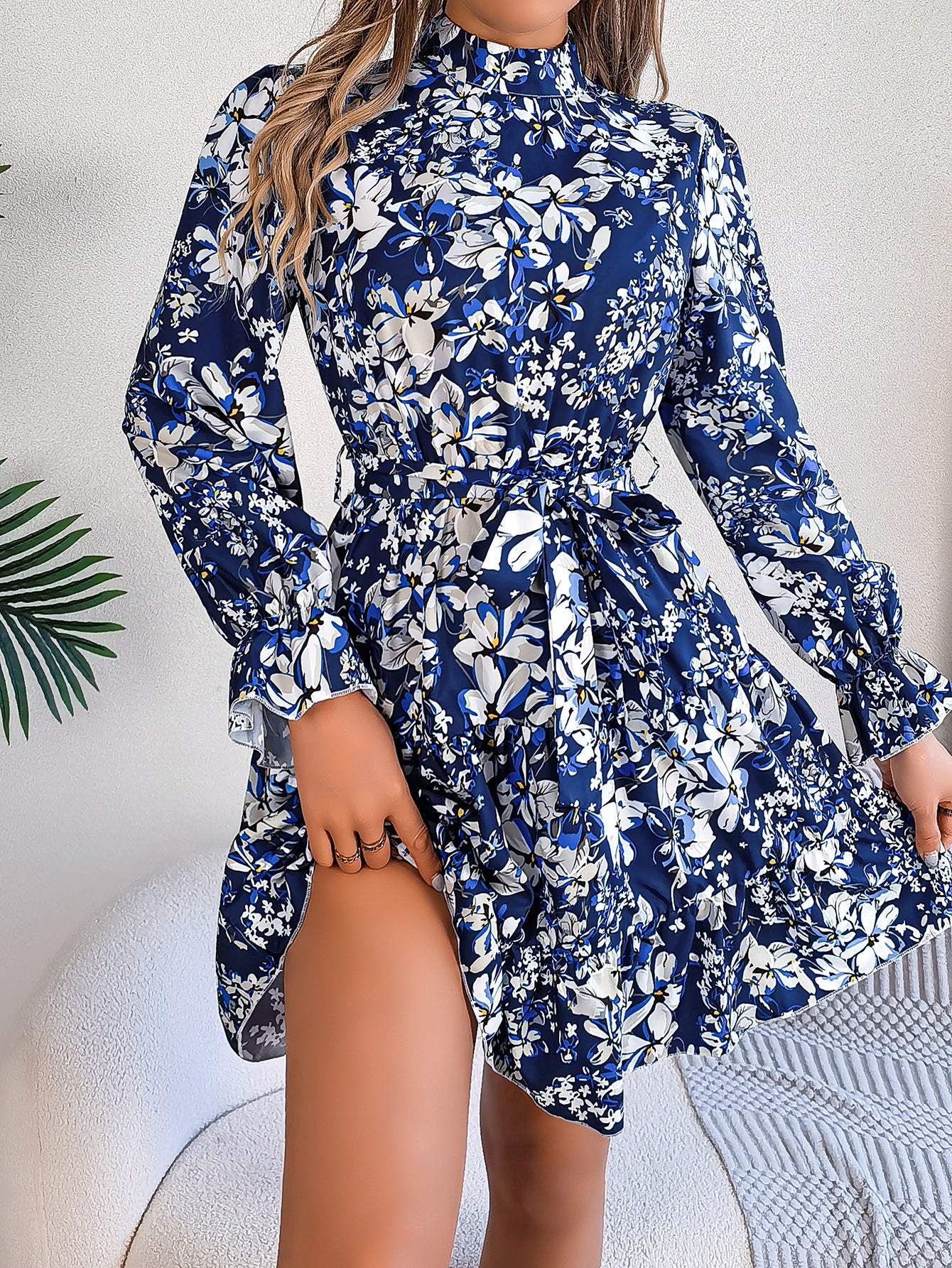 Elegant Floral High Neck Ruffle Waist A-Line Dress