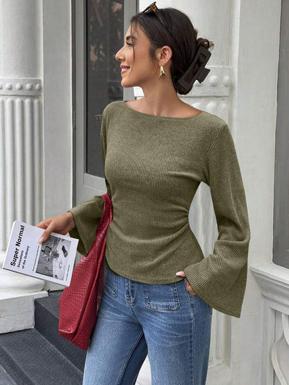 Ribbed Knit Bell Sleeve Fitted Long Sleeve Top