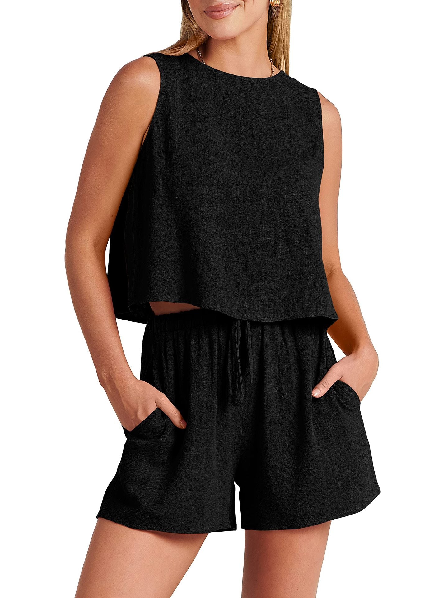 Sleeveless Top and Drawstring Shorts Two Piece Set