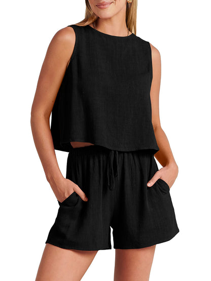 Sleeveless Top and Drawstring Shorts Two Piece Set