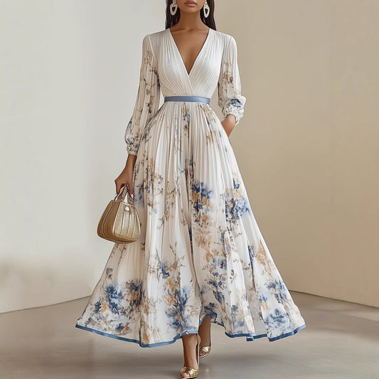 Floral Pleated V-Neck Long Sleeve Maxi Dress