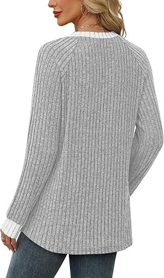 Women's Soft Ribbed Contrast Trim Long Sleeve Crew Neck Top