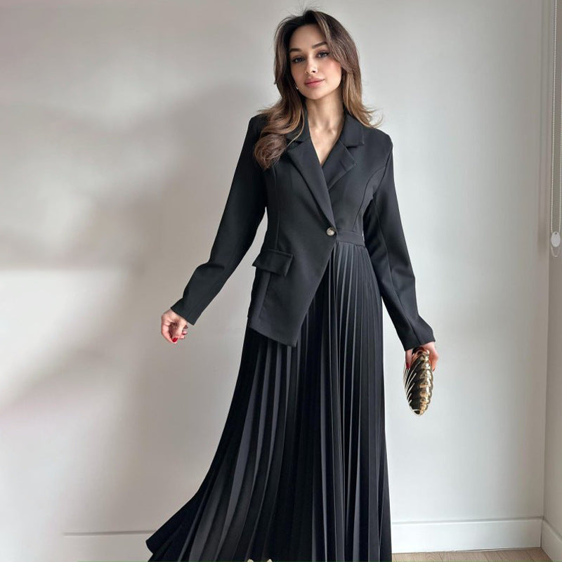 Women's 2 Piece Blazer Pleated Maxi Skirt Set Long Sleeve