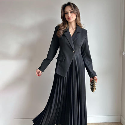 Women's 2 Piece Blazer Pleated Maxi Skirt Set Long Sleeve