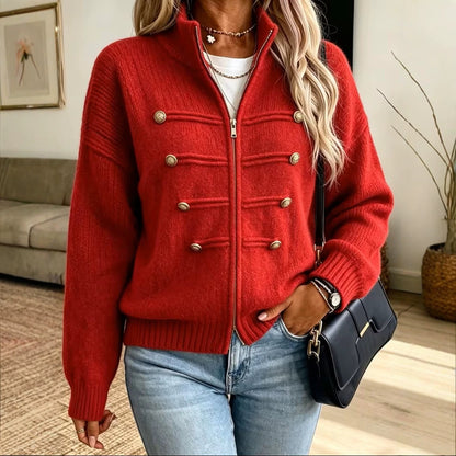 Womens Oversized Zip Up Cardigan Button Detail Mock Neck