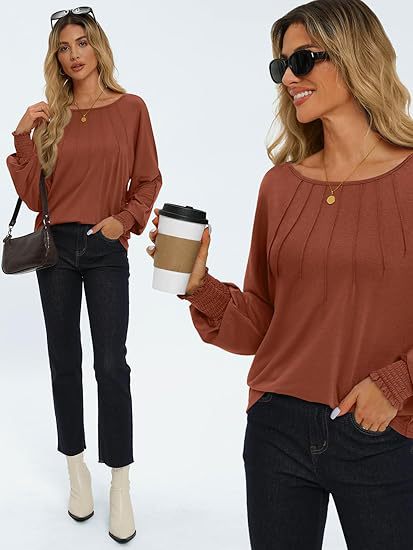 Women's Pleated Crewneck Balloon Sleeve Oversized Top