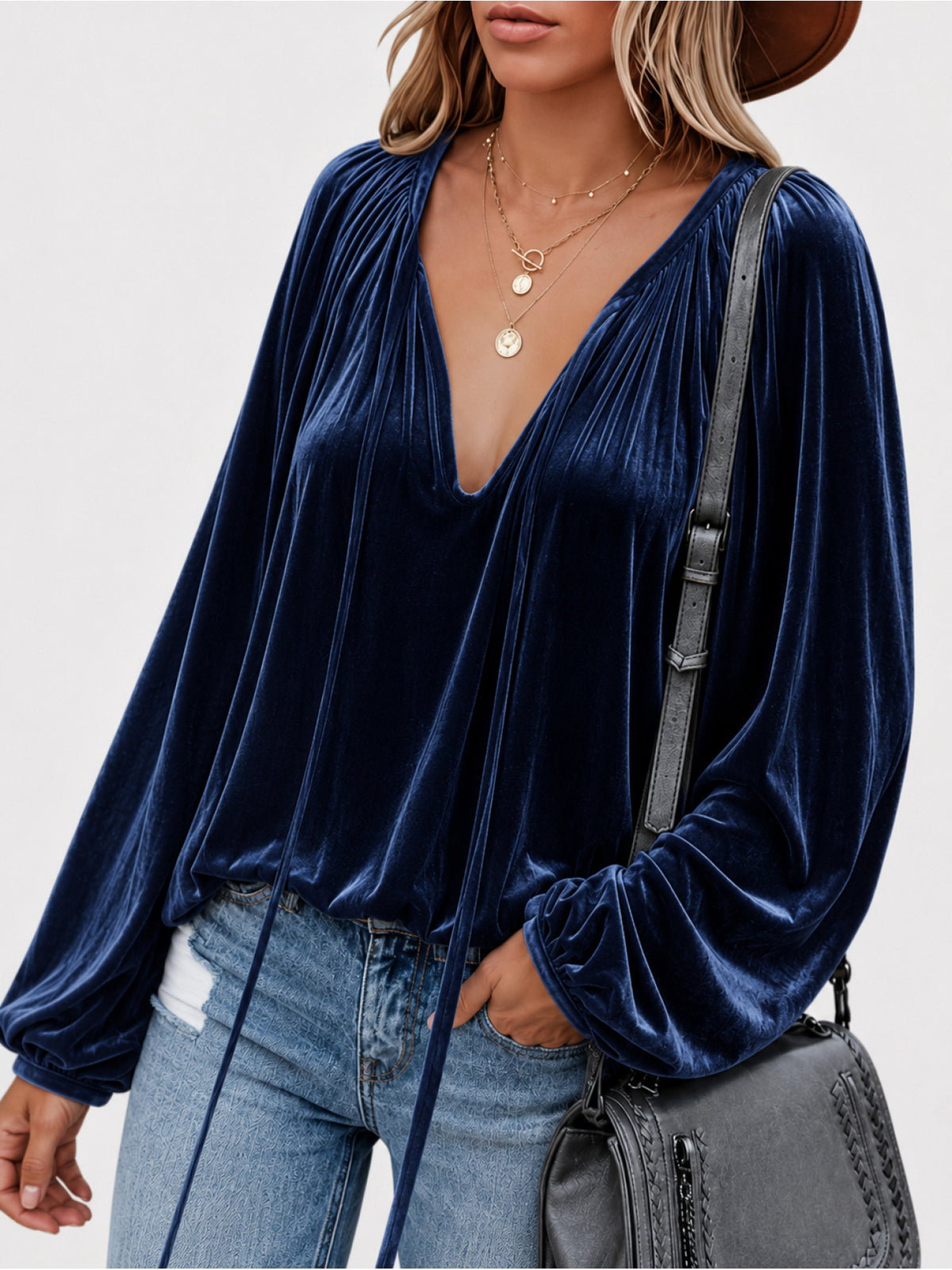 Women's Velvet V-Neck Drawstring Long Sleeve Blouse