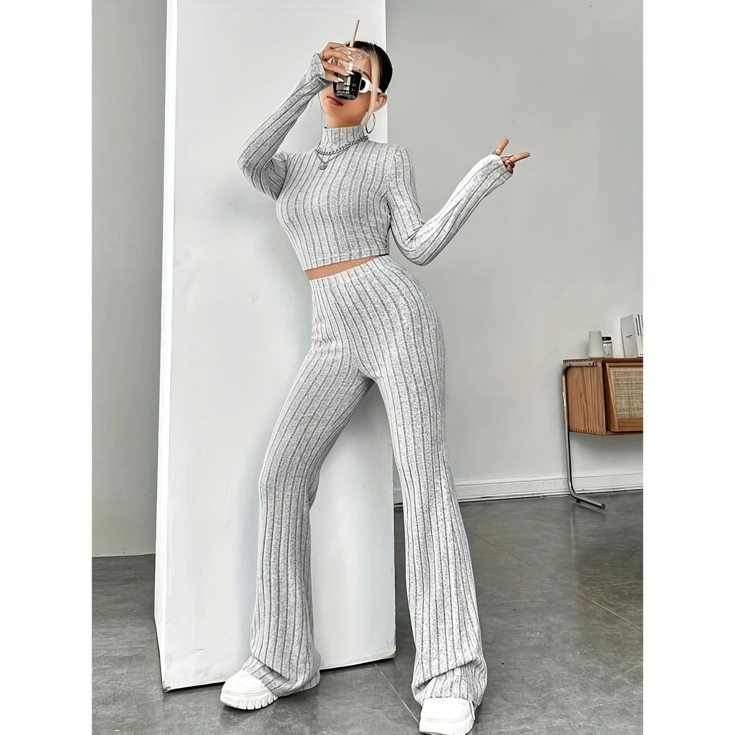 Women's Ribbed Knit Crop Top & Flare Pants Matching Set