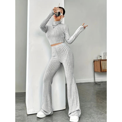 Women's Ribbed Knit Crop Top & Flare Pants Matching Set