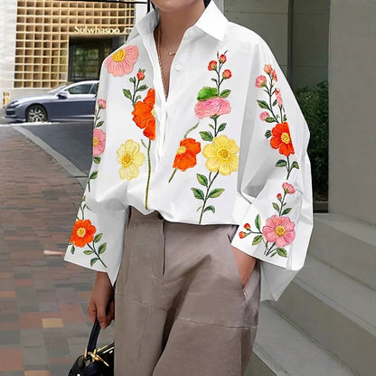 Polka Dot Collared Blouse Long Sleeve Loose Fit
