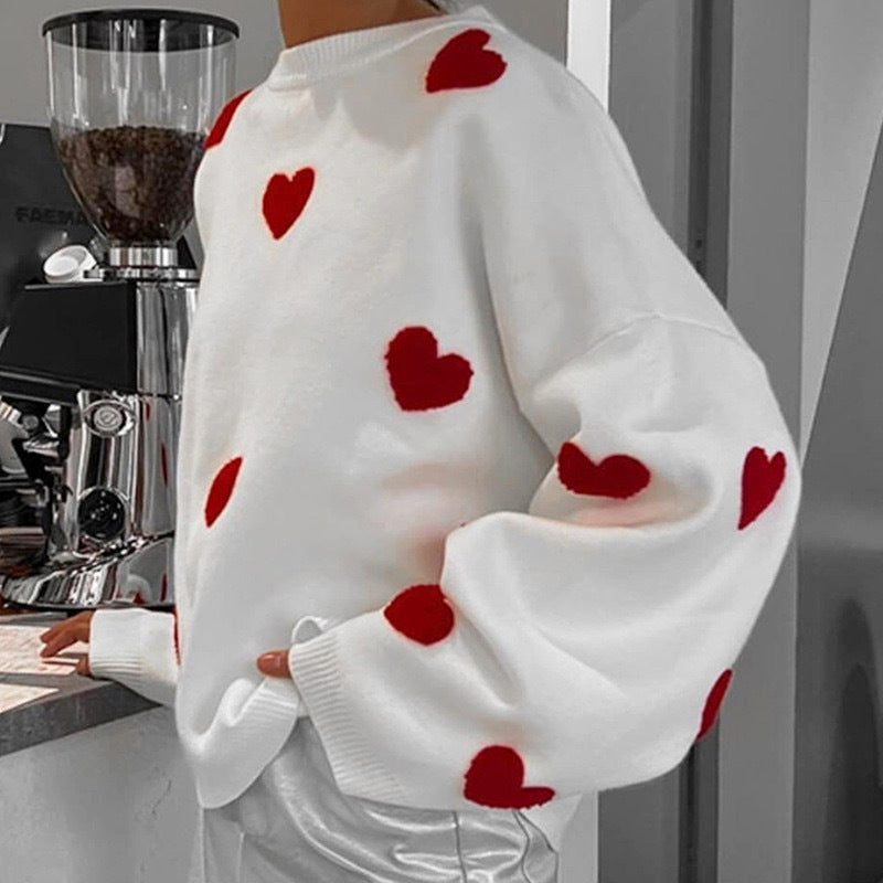 Women's Oversized Heart Embroidered Crewneck Sweater