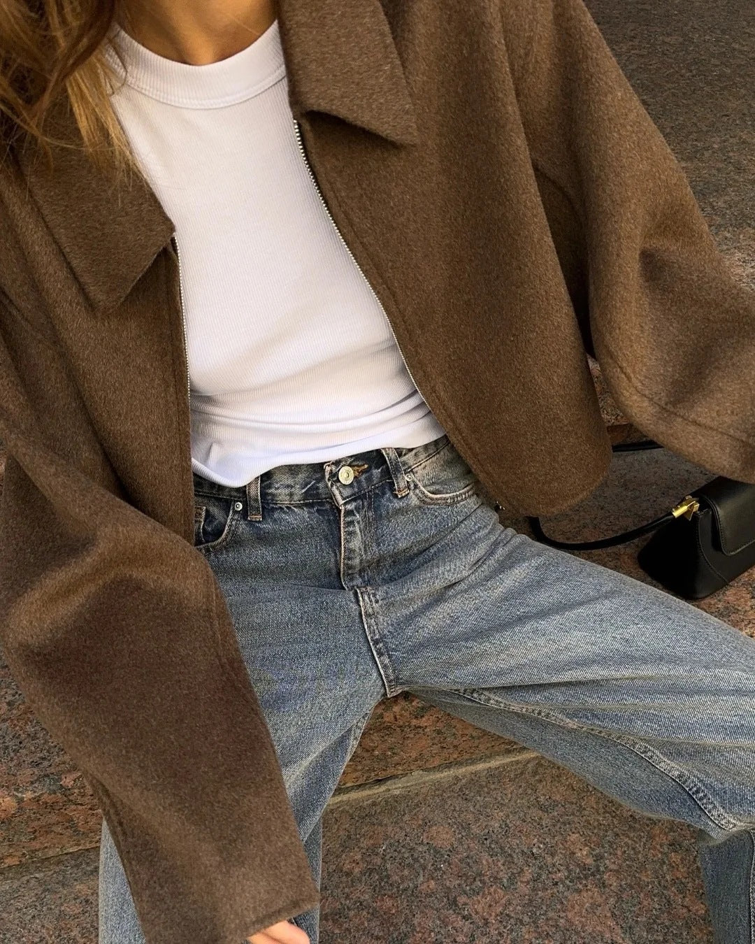 Women's Oversized Vintage Brown Zip Up Cropped Jacket