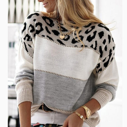 Women's Leopard Color Block Crewneck Sweater