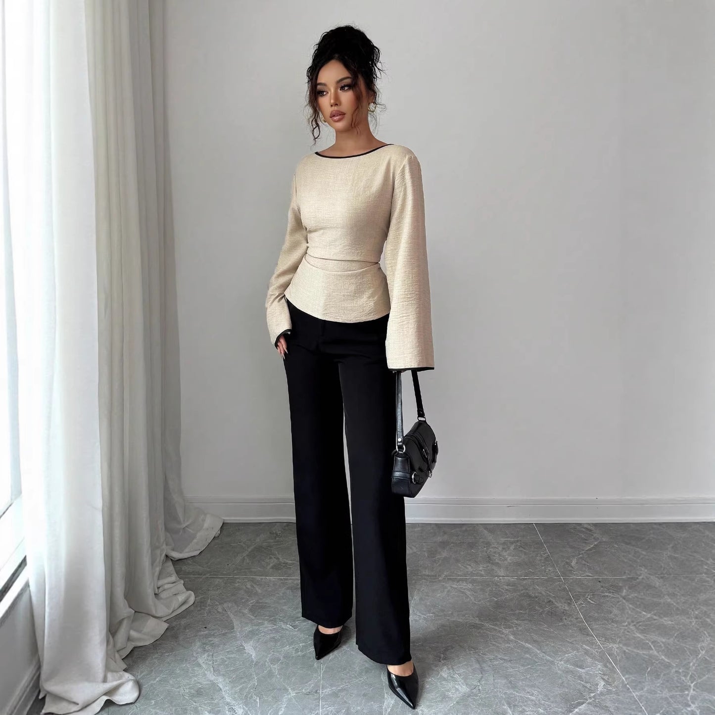 Women's Elegant Boat Neck Bell Sleeve Cinched Waist Blouse