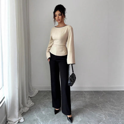 Women's Elegant Boat Neck Bell Sleeve Cinched Waist Blouse
