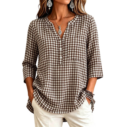 Women's Gingham V Neck 3/4 Sleeve Loose Casual Blouse
