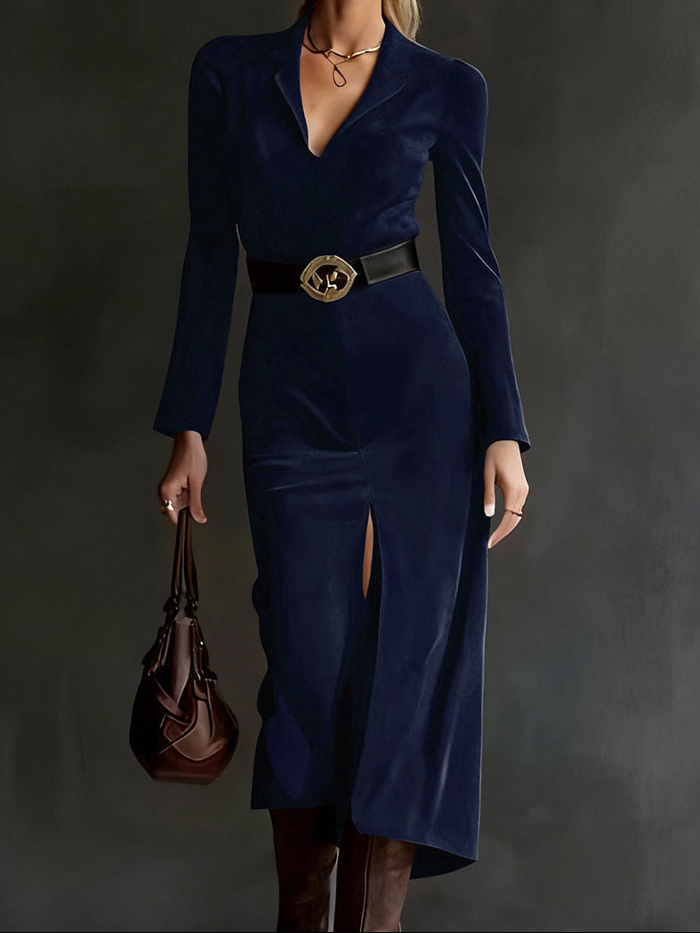 Suede Blazer Midi Dress Belted Long Sleeve Slit