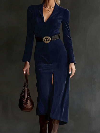 Suede Blazer Midi Dress Belted Long Sleeve Slit