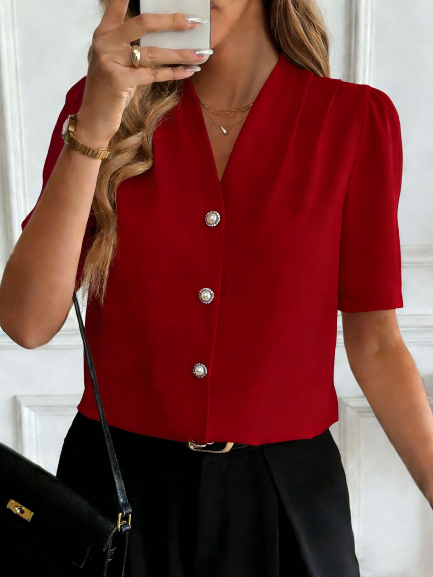 V Neck Button Front Business Casual Blouse Short Sleeve Top