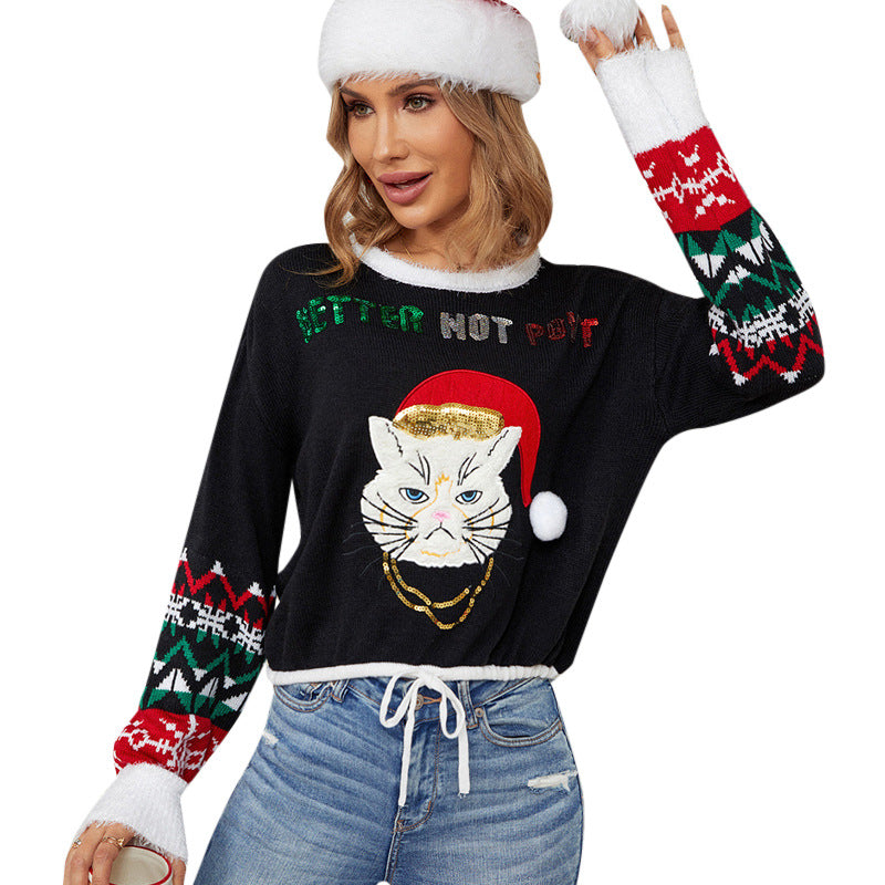 Cute Cat Christmas Sweater Women Black Knit Pullover