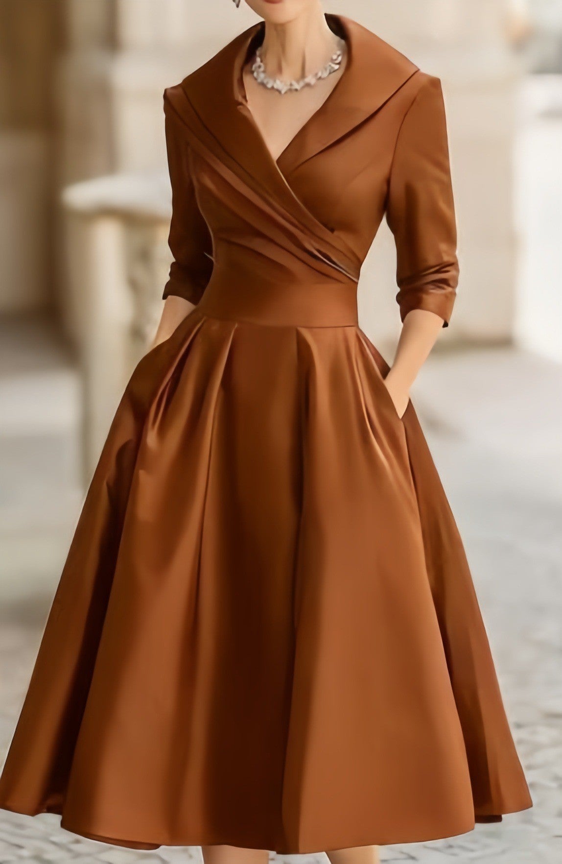 Satin Wrap Dress Long Sleeve Midi A-Line Cocktail