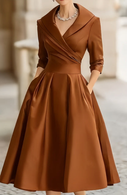 Satin Wrap Dress Long Sleeve Midi A-Line Cocktail