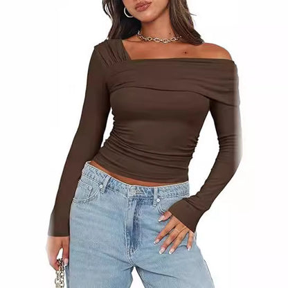 Women's One Shoulder Ruched Long Sleeve Crop Top Y2K