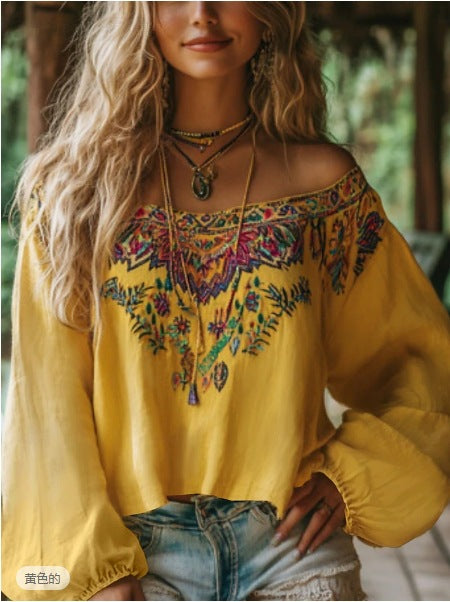 Women's Boho Off Shoulder Lantern Sleeve Floral Tribal Top