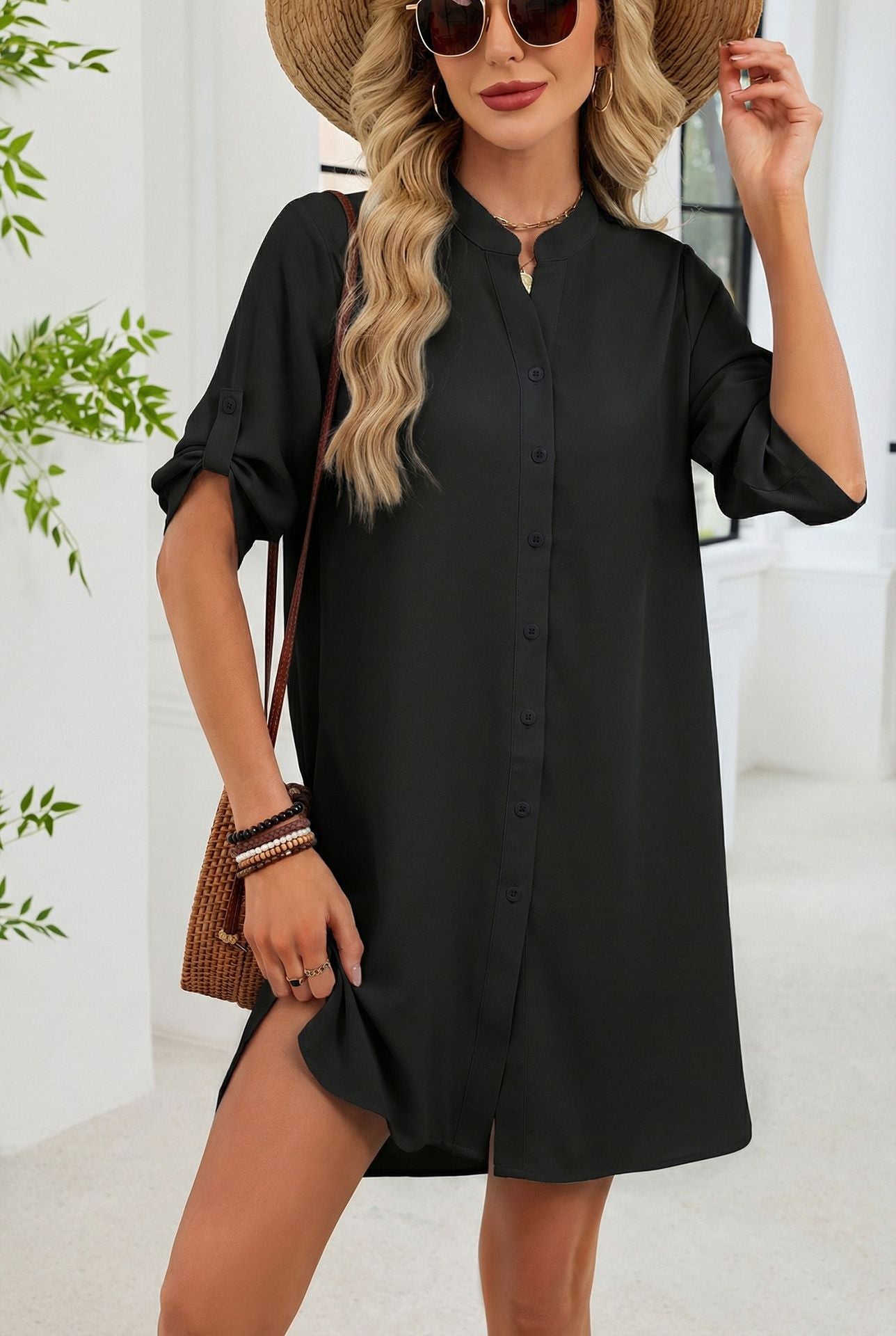 V Neck Button Down Shirt Dress Midi Casual Summer Dress
