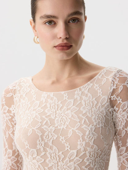 Sheer Lace Long Sleeve Top Fitted U Neck Blouse