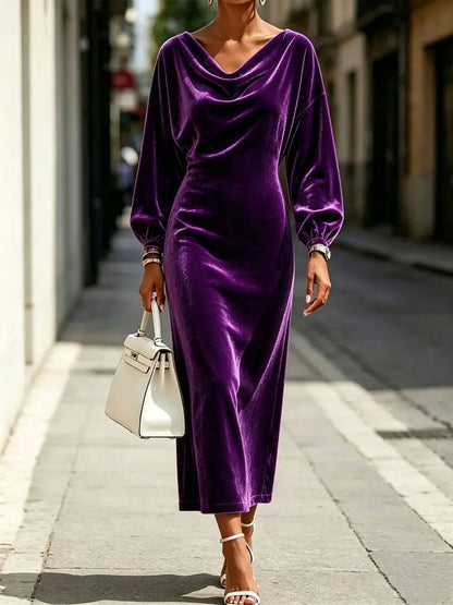 Velvet Cowl Neck Balloon Sleeve Bodycon Midi Dress