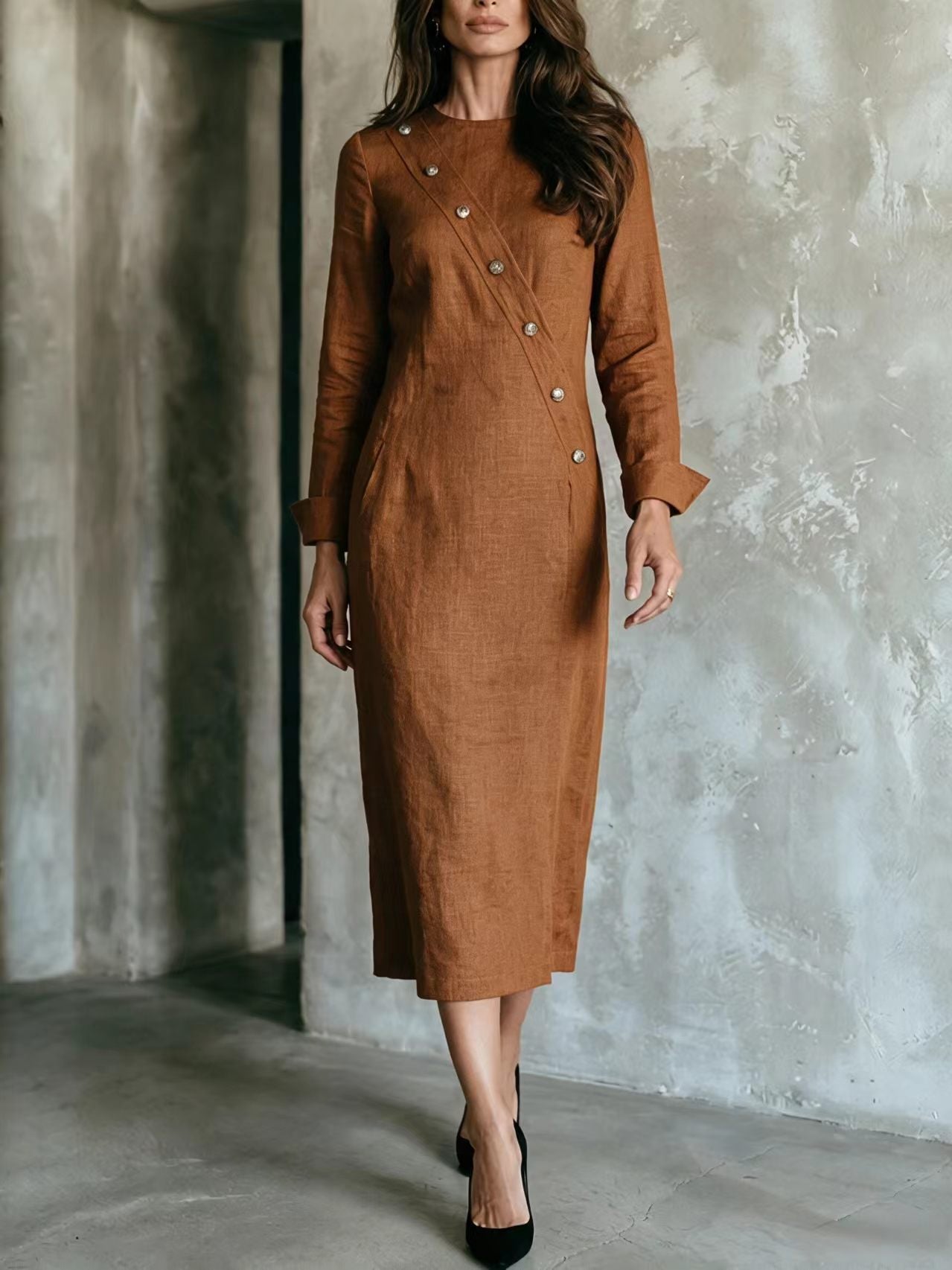 Women's Elegant Asymmetric Button Long Sleeve Midi Dress