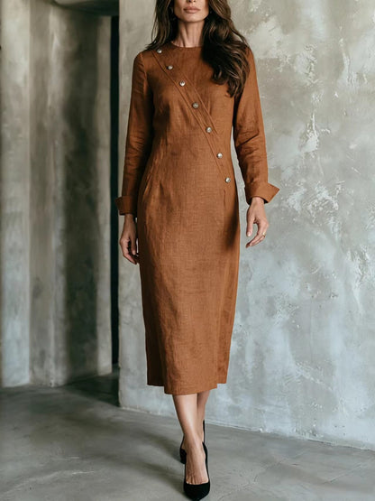 Women's Elegant Asymmetric Button Long Sleeve Midi Dress