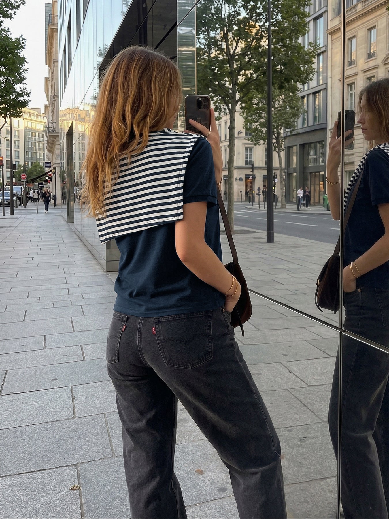 Navy Tee Striped Scarf Set Casual Short Sleeve Top