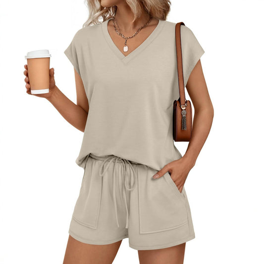 V Neck Casual Lounge Set Short Sleeve Top and Shorts