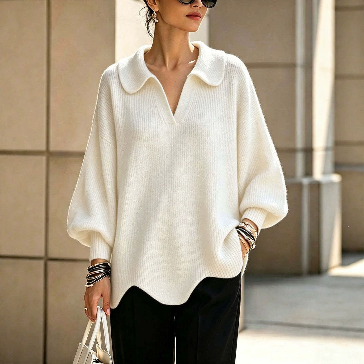 Women's Oversized Collared V-Neck Balloon Sleeve Sweater