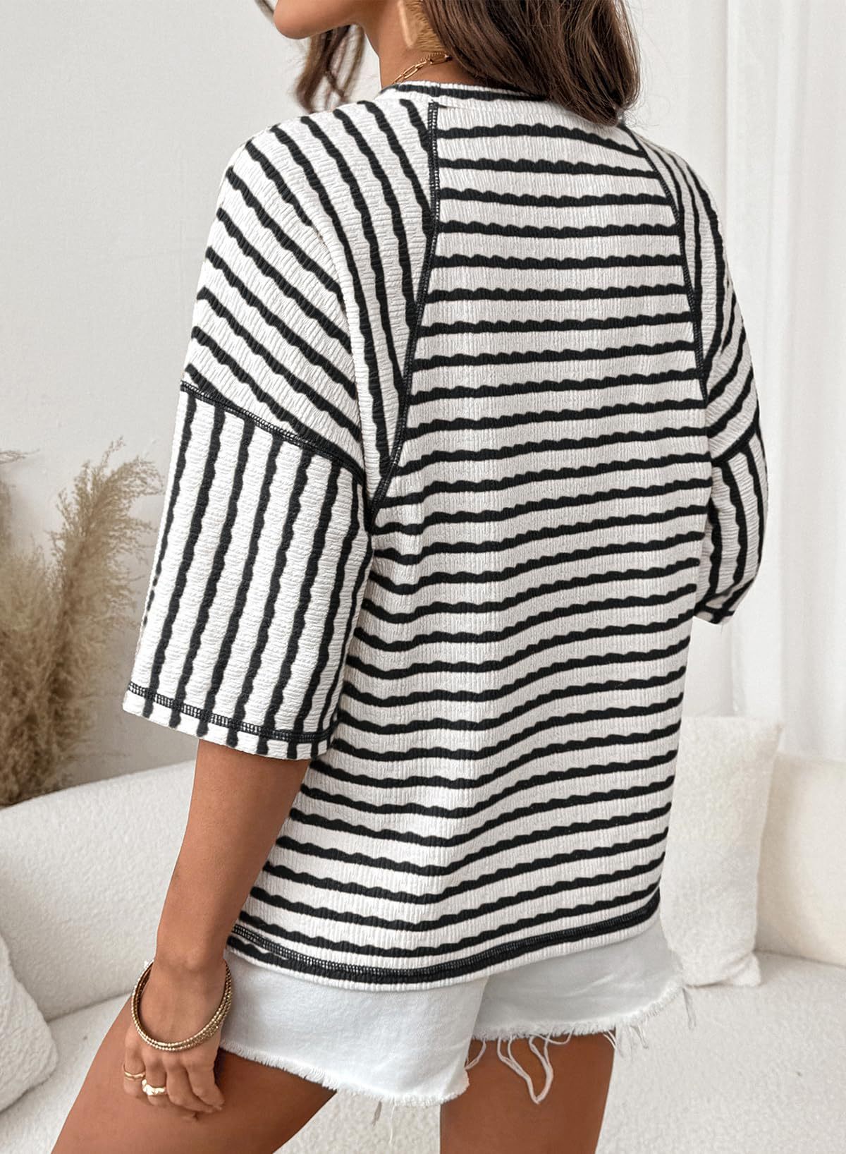 Striped Cotton Blend Tee Casual Half Sleeve Top